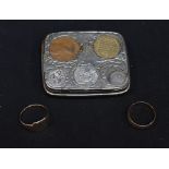 Two 9ct gold rings, 6.4 grams, together with a Victorian white metal multi Imperial coin holder.