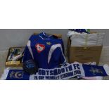 A collection of Portsmouth Football Club memorabilia including two footballs signed by Players,