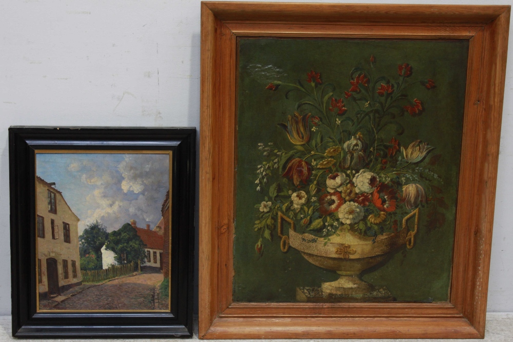 19th Century School, still life of flowers in a classical vase, unsigned, oil on canvas in pine