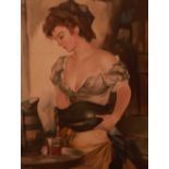 Continental school, oil on canvas, 'Woman Pouring Wine', 65 x 50cm, indistinctly signed.