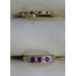 An 18ct gold ring set with three round faceted rubies and ten smaller diamonds, together with a