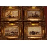 A set of four reproduction beach scenes with fishermen and boats in gilt frames.