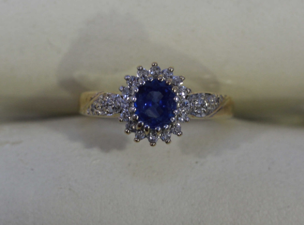 A 9ct gold sapphire and diamond cluster ring claw set with a central sapphire surrounded by