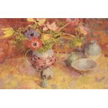 Ann Williams (20th), "Anemones," still life of flowers with pottery vases, limited edition colour