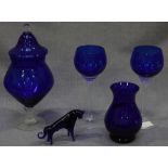 Five pieces of modern Bristol blue glass including a pair of wine glasses with plain twist moulded