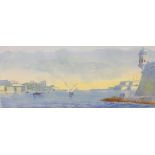 J. Galea, 'Grand Harbour, Malta, with Fort St Angelo', 10 x 24cm, signed.