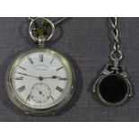 An early 20th Century gentleman's key-wind Swiss, silver cased pocket watch with silver Albert watch