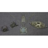 A .999 grade silver ingot on chain, marcasite frog brooch and a small quantity of silver oddments.