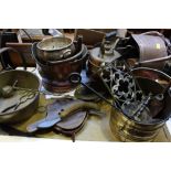 A quantity of brass and copperware including three various coal scuttles, two kettles, trivet,