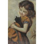 S. Carman (19th century), Young red-haired girl in orange dress holding a black kitten, Signed "S.
