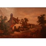 William Cartwright (early 20th century), "Cottage Scene, Milcote," with chickens, horse and cart,