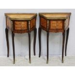 A pair of Reproduction French walnut and burr-wood veneered bedside tables, with pierced brass