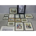 Fifteen various prints including hand-coloured book plates depicting war machines, air balloons etc,