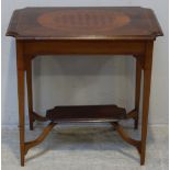 An Edwardian mahogany occasional table of rectangular form with concave corners, inlaid oval