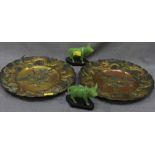 Two modern jade carved figures of cows, on wooden stands, 11cm long, together with a pair of