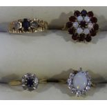 Three various 9ct gold dress rings set with opal, garnet etc, 9 grams gross, together with an 18ct