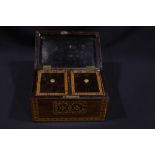 A Victorian rosewood Tunbridge ware two division tea caddy with floral and parquetry inlay, 21cm.