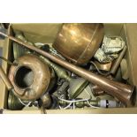 Various copper and brassware including copper kettles, coaching horn, brass candlesticks etc