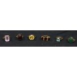 Six various 9ct gold dress rings variously set with semi-precious stones including garnet, aqua