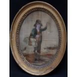 An early 19th Century oval silkwork portrait of a child newspaper vendor in oval gilt frame, 30 x