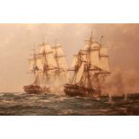 After Montague Dawson, coloured print a sea battle between two Frigates, signed in pencil.