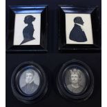 Two Regency silhouettes of a lady and a gentlemen in ebonised frames and two engraved miniatures