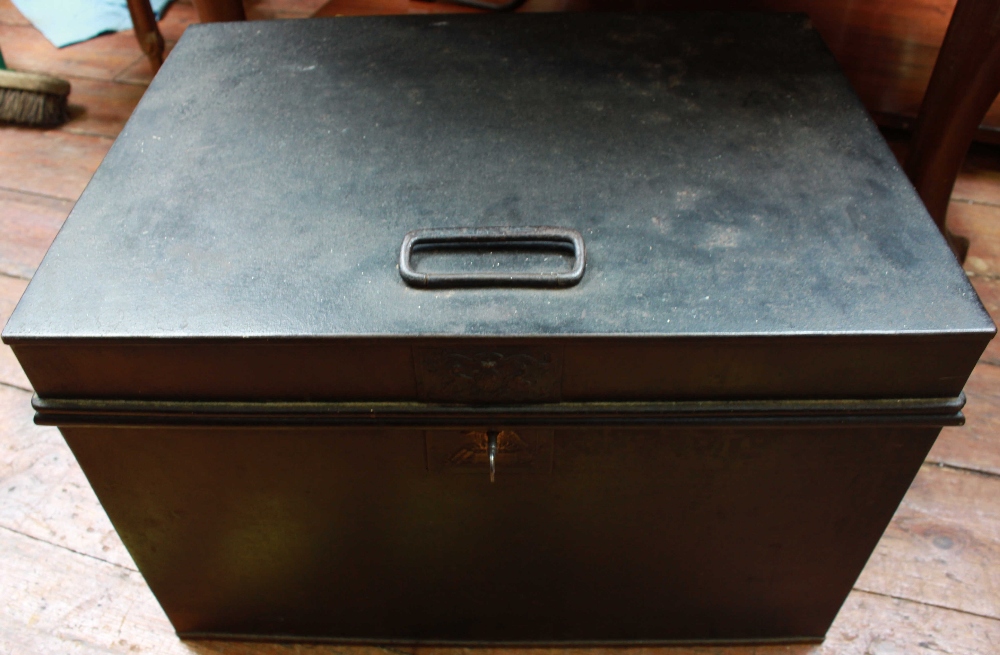 A Milners Patent Fire-Resistant portable safe, of rectangular form with hinged cover and original