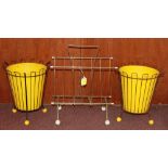 Two 1960s wirework wastepaper baskets with yellow buckets, together with a magazine rack.