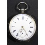 A late Victorian silver-cased open face pocket watch, with white enamel dial and subsidiary