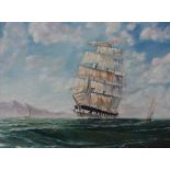 T. Smith, 20th Century oil on canvas, three masted square rigged sailing ship in a choppy sea,