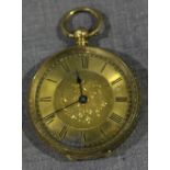 A 14k gold pocket watch with floral patterned case and dial.