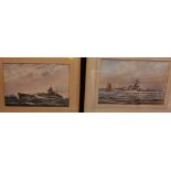G. Sidney James, 'HMS Surprise at sea off a Coastline', inscribed on reverse, and another by the