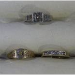 A white gold and diamond cluster ring and two 9ct gold dress rings, (3).