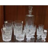 A Sevres glass whisky decanter and stopper, seven Sevres whisky glasses and a set of six