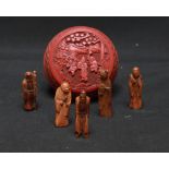 Five Chinese carved boxwood figural "Emperor's buttons," each carved as, a deity, 6cm high, together