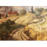 G. Bernardeau (French 20th century), landscape with farm buildings and church spire, signed, oil