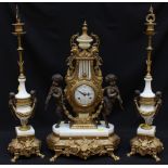 A modern lacquered brass and white marble clock garniture in the 18th century French style, with