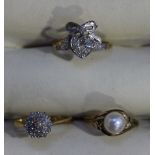 A 9ct gold solitaire pearl ring, 9ct gold three-tier diamond cluster ring and a 9ct gold diamond-set