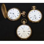 Two gold-plated open-face pocket watches and a gold-plated full-hunter pocket watch, (3)