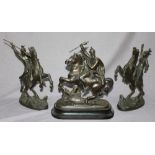 A pair of late Victorian patinated spelter figures of mounted warriors with spears in hand, 30cm