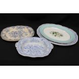 An 'Asiatic Pheasant' pattern blue and white pottery meat dish, vegetable dish and stand, together