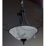 A modern lacquered wrought iron five-light hanging lightshade with circular frosted circular shade.