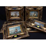 Six modern reproduction maritime paintings, oil on board, in ornate ebonised and gilt frames,