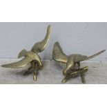 Two large cast and chased brass eagles, each perched on a branch with outstretched wings