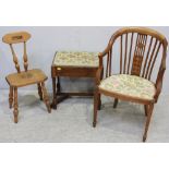 An Edwardian faded mahogany stick-back tub chair, together with a beechwood stool and early 20th