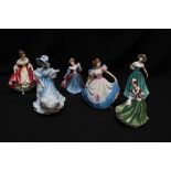 Six Royal Doulton porcelain figures:  Angela HN3419; Southern Belle HN2229; Flowers of Love Forget-