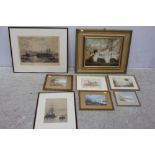 A group of eight assorted watercolours and prints including scenes of Whitby, the Isle of Wight