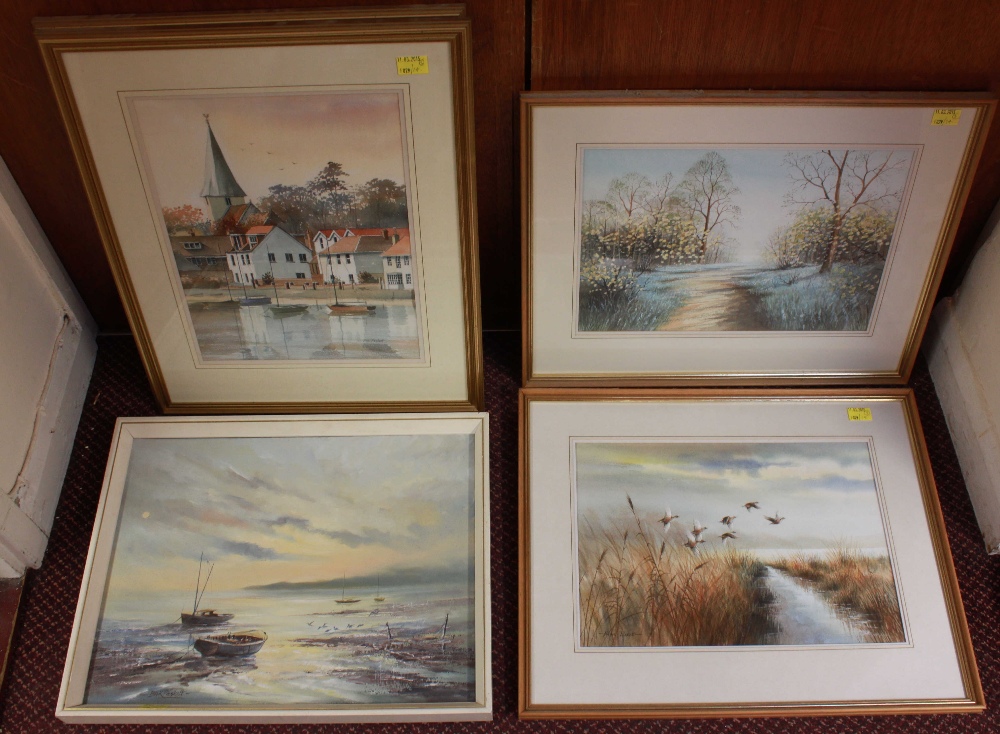 Brian Peskett.  Four watercolours, "Bosham," "Langstone," and two landscapes, and another oil on