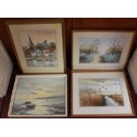 Brian Peskett.  Four watercolours, "Bosham," "Langstone," and two landscapes, and another oil on