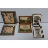 A collection of assorted pictures including two Japanese painted silk pictures, a pair of